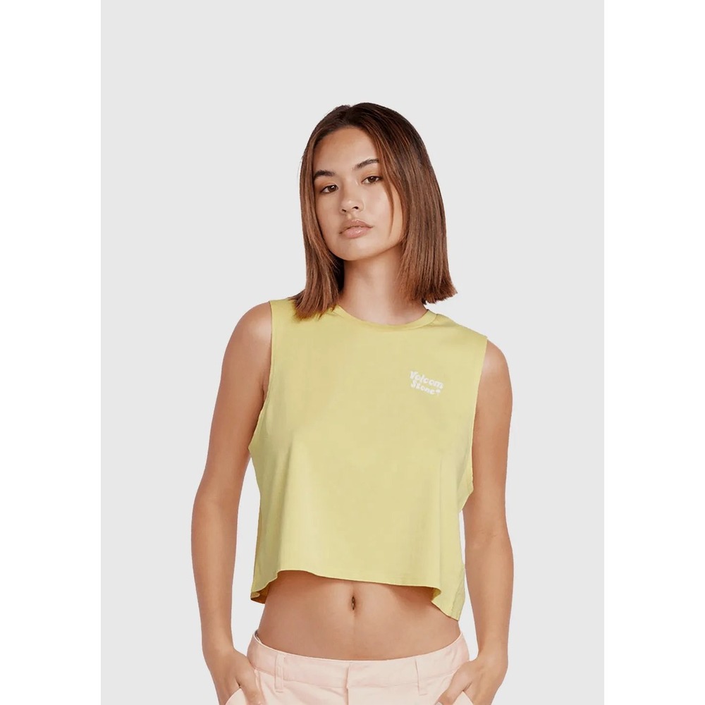 Volcom Stone Hour Crop Tank Top Yellow Graphic Muscle Crop top Size S.NWT